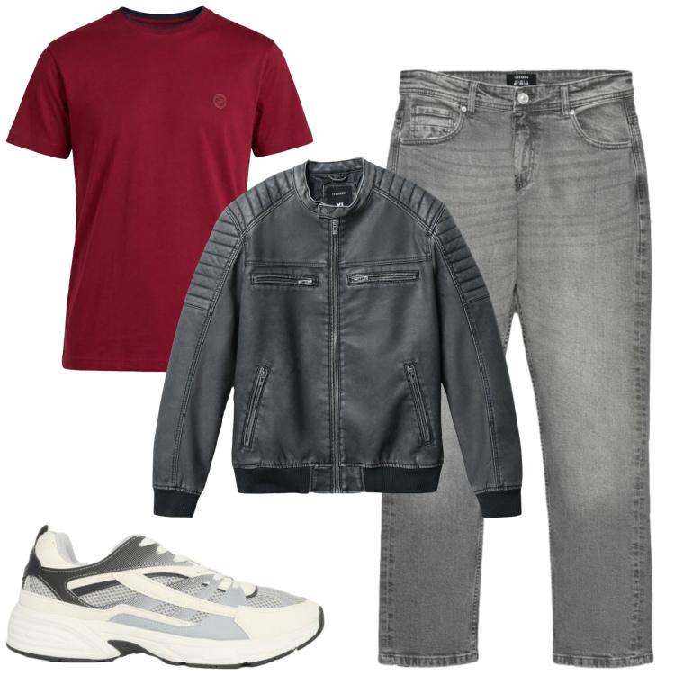 Outfit uomo - Fall. Stile Casual per Tutti i giorni. Abbinamento con t-shirt, jeans dritti, giacche, sneakers.