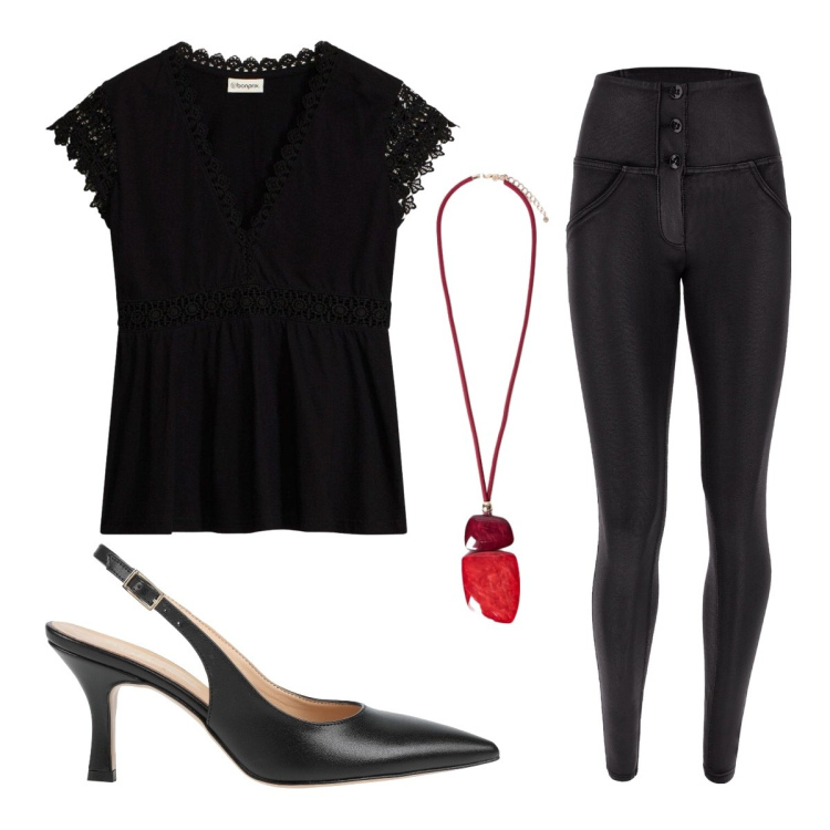 Outfit donna - Look non improvvisato. Stile Minimal per Serata fuori. Abbinamento con décolleté, t-shirt, jeans skinny, ciondoli.