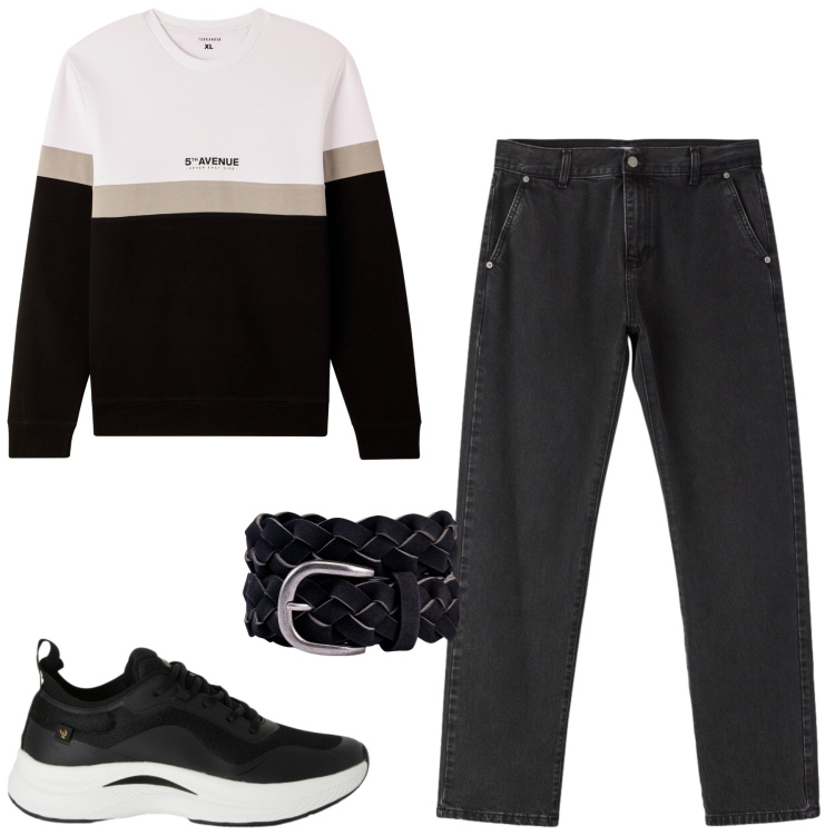 Outfit uomo - City. Stile Casual per Tutti i giorni. Abbinamento con jeans dritti, felpe, cinture, sneakers.