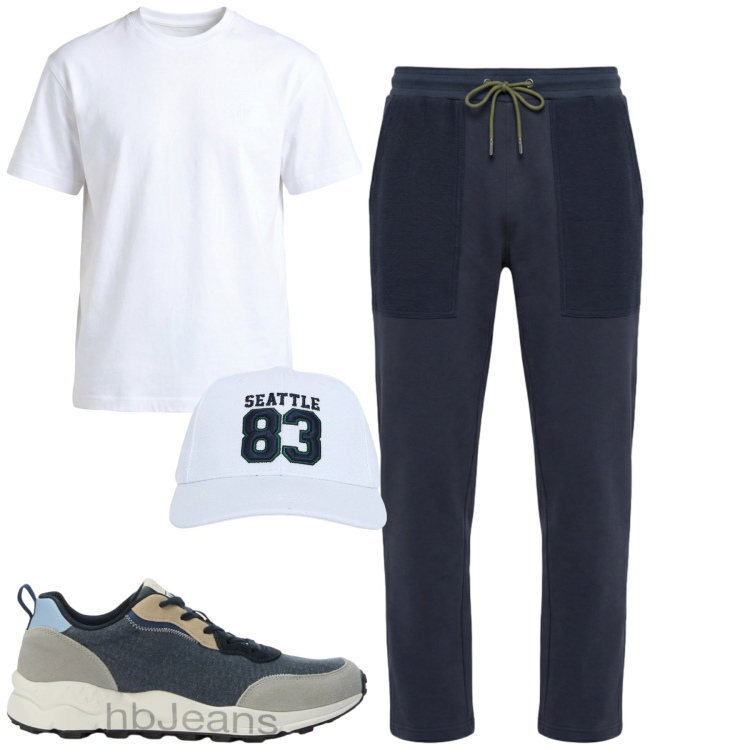 Outfit uomo - Sporty. Stile Casual per Tutti i giorni. Abbinamento con t-shirt, sneakers, pantaloni, cappelli con visiera.