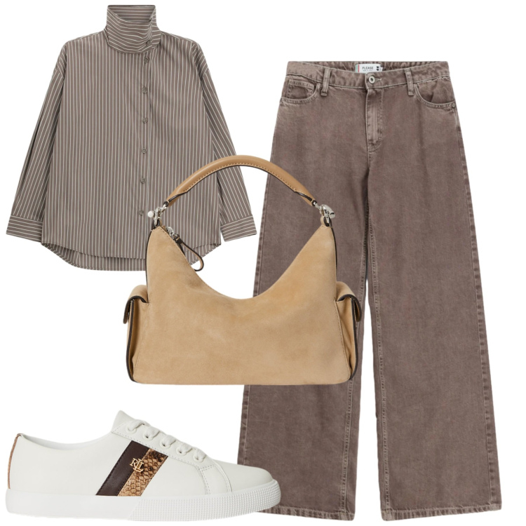 Outfit donna - City. Stile Casual chic per Tutti i giorni. Abbinamento con camicie, jeans dritti, borse a spalla, sneakers.