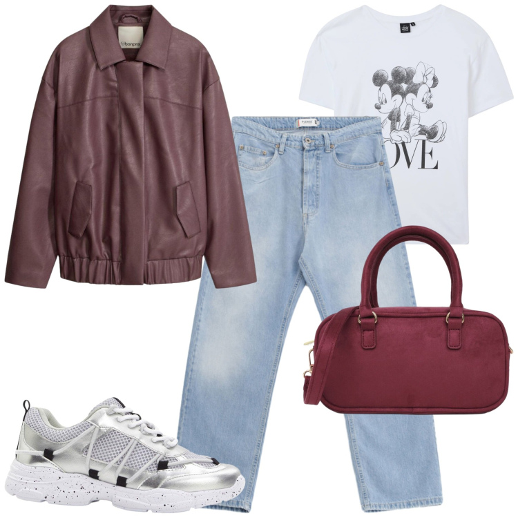 Outfit donna - City. Stile Casual per Tutti i giorni. Abbinamento con sneakers, giacche, t-shirt, borse a tracolla, jeans.