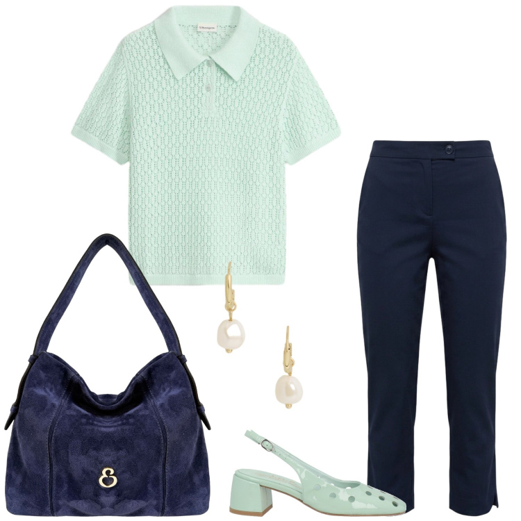 Outfit donna - Total look #2458675. Stile Bon Ton per Ufficio. Abbinamento con décolleté, polo, pantaloni capri, borse a spalla, orecchini.