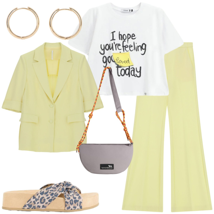 Outfit donna - Giallo come il sole. Stile Casual per Tutti i giorni. Abbinamento con orecchini, ciabatte, borse a tracolla, pantaloni, blazer, t-shirt.