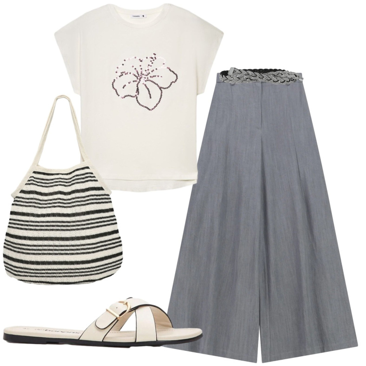 Outfit donna - Casual. Stile Casual per Tutti i giorni. Abbinamento con ciabatte, pantaloni a palazzo, t-shirt, cinture, shopping bag.