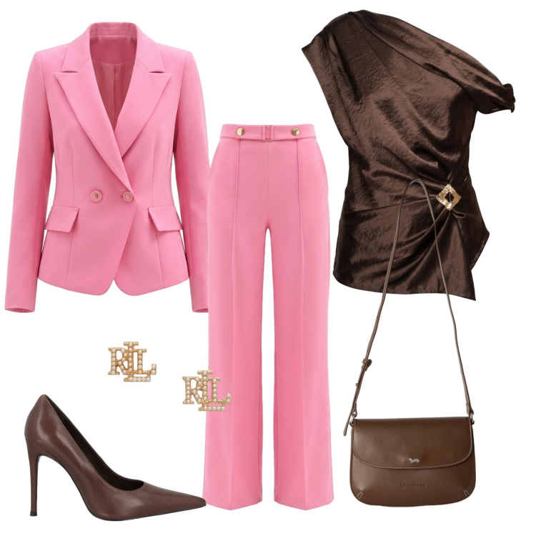 Outfit donna - Total look #2458687. Stile Casual chic per Ufficio. Abbinamento con décolleté, borse a tracolla, pantaloni a palazzo, blazer, top, orecchini.