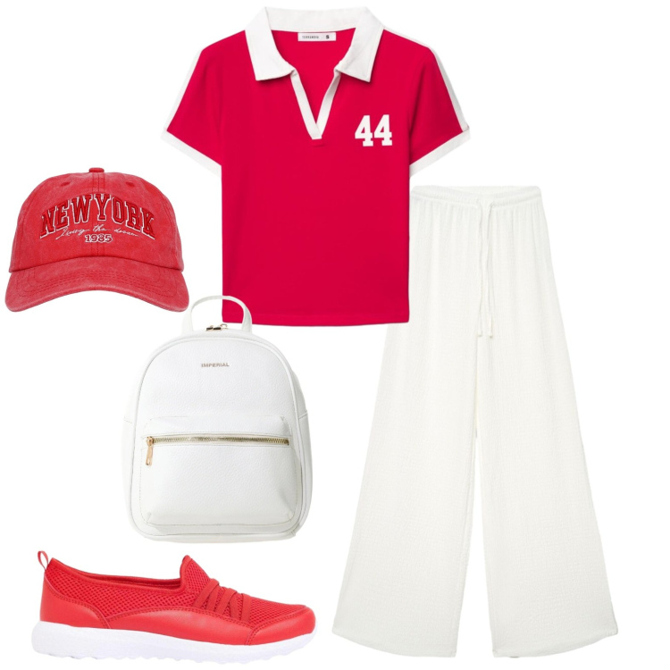 Outfit donna - Sportiva. Stile Sporty chic per Tutti i giorni. Abbinamento con sneakers, zaini, cappelli, polo, pantaloni.