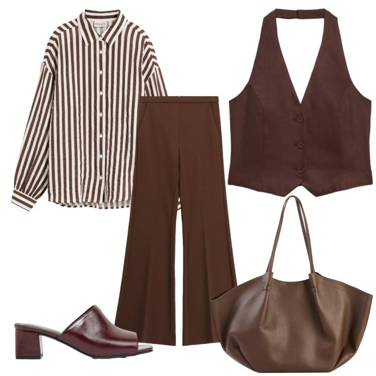 Outfit donna - Total look #2458689. Stile Casual chic per Ufficio. Abbinamento con camicie, shopping bag, ciabatte, gilet, pantaloni.