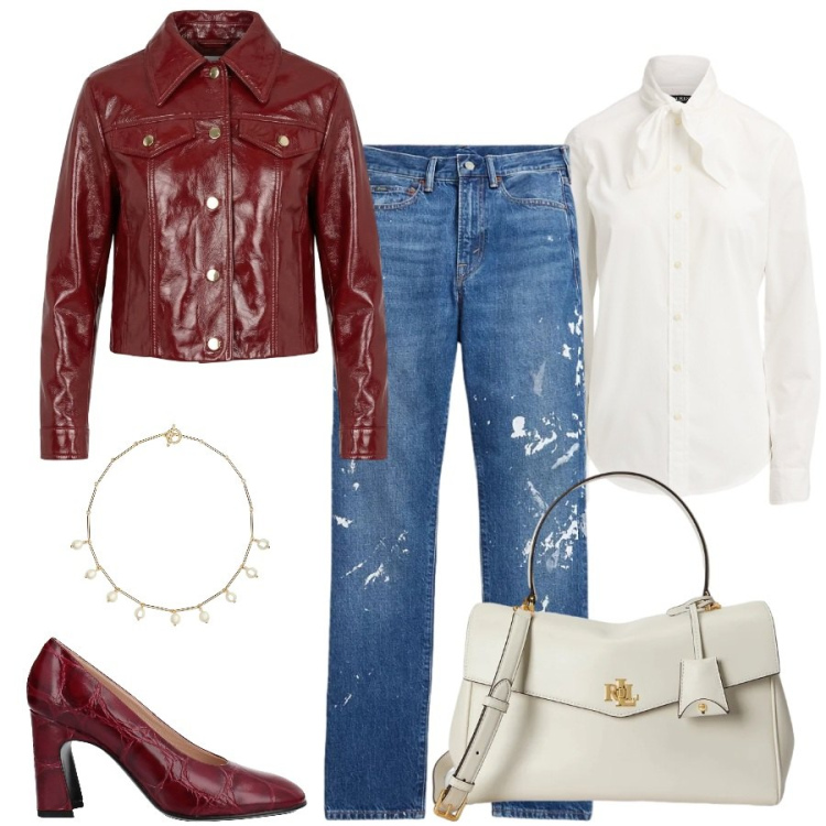 Outfit donna - Total look #2458690. Stile Casual chic per Tutti i giorni. Abbinamento con décolleté, giacche, camicie, borse a mano, collane, jeans dritti.