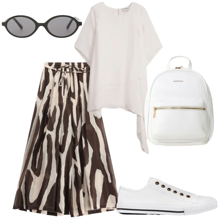 Outfit donna - Casual. Stile Casual per Tutti i giorni. Abbinamento con sneakers, bluse, occhiali da sole, zaini, pantaloni a palazzo.
