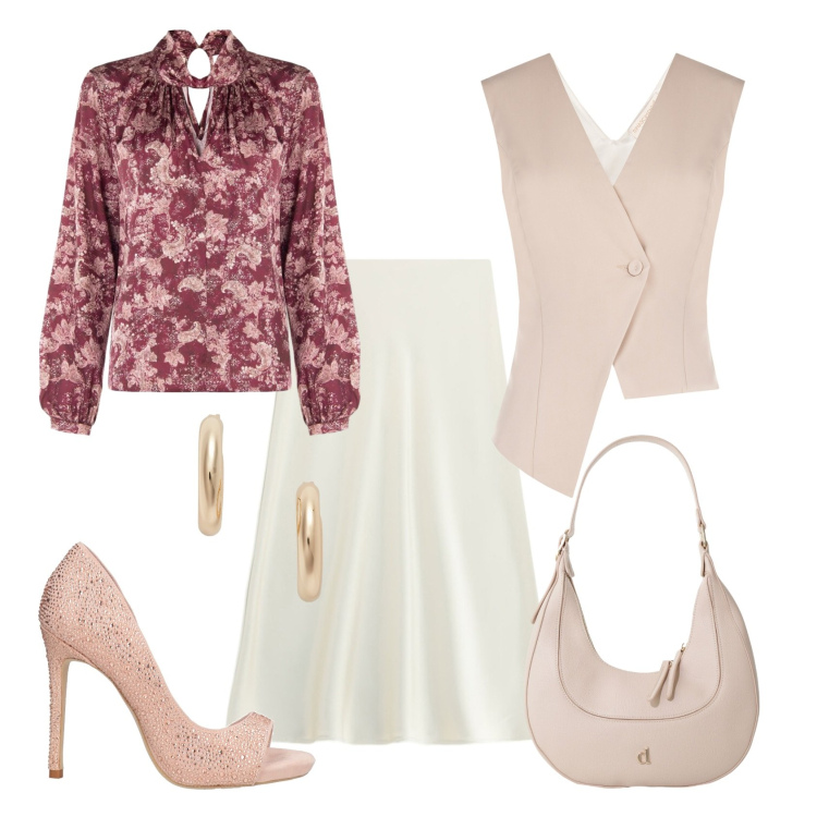 Outfit donna - Total look #2458693. Stile Casual chic per Serata fuori. Abbinamento con décolleté, gonne longuette, borse a tracolla, gilet, bluse, orecchini.
