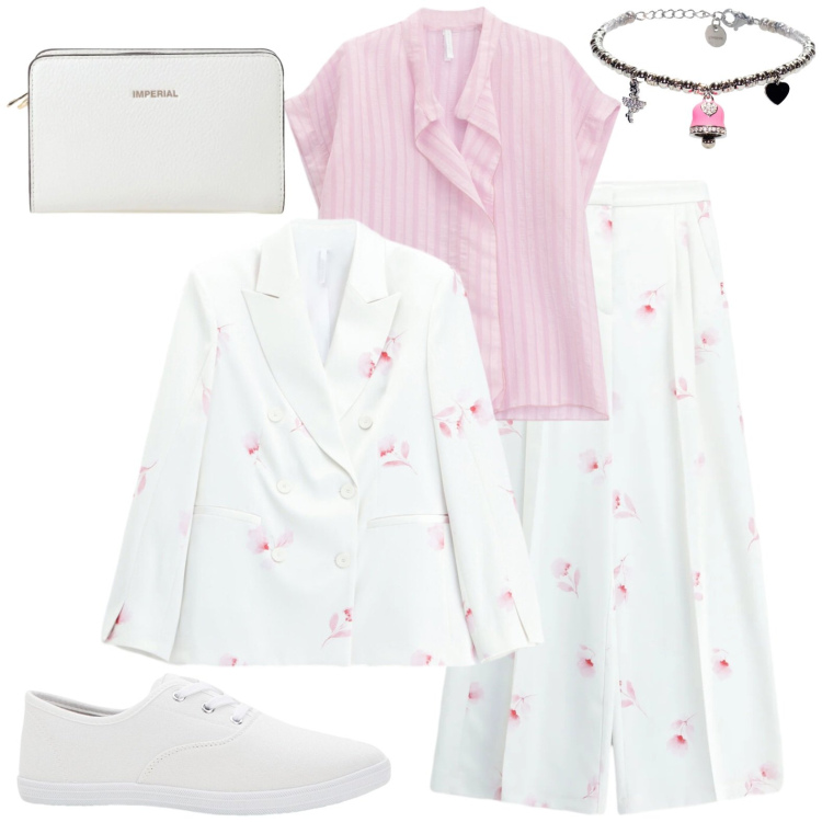 Outfit donna - Completo fiorato. Stile Casual chic per Tutti i giorni. Abbinamento con sneakers, pantaloni a palazzo, blazer, bluse, borse a tracolla, braccialetti.