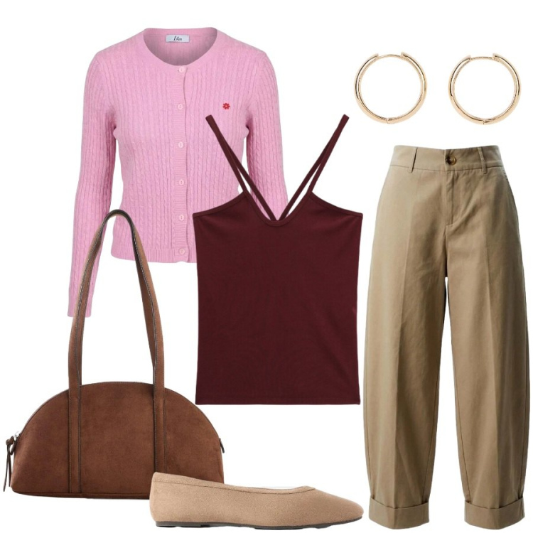 Outfit donna - Total look #2458702. Stile Casual chic per Tutti i giorni. Abbinamento con borse a tracolla, orecchini, ballerine, top, pantaloni, cardigans.