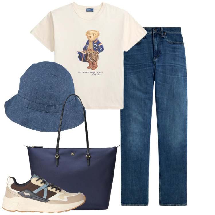 Outfit donna - In città. Stile Basic per Tutti i giorni. Abbinamento con cappelli, sneakers, jeans dritti, borse tote, t-shirt.