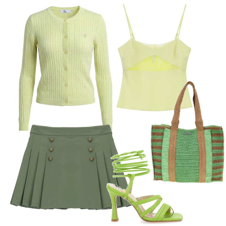 Outfit donna - Total look #2458719. Stile Casual per Tutti i giorni. Abbinamento con canottiere, cardigans, minigonne, borse a spalla, sandali col tacco.