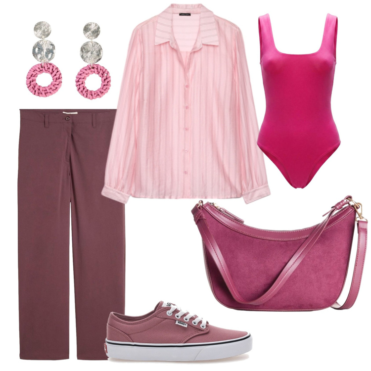 Outfit donna - Total look #2458722. Stile Casual chic per Ufficio. Abbinamento con borse a tracolla, pantaloni, orecchini, body, camicie, sneakers.