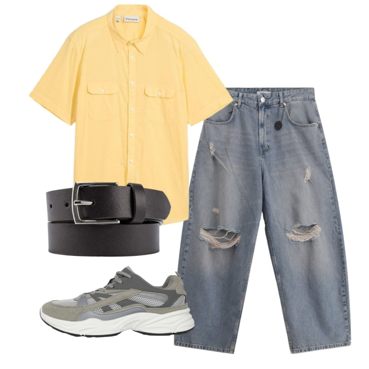 Outfit uomo - Total look #2458723. Stile Casual per Tutti i giorni. Abbinamento con camicie a manica corta, jeans strappati, sneakers, cinture.
