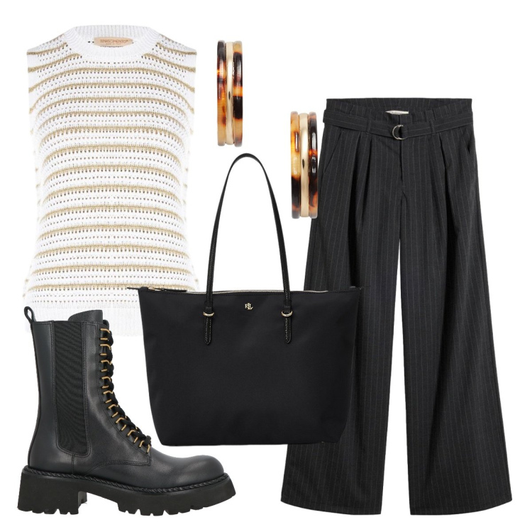 Outfit donna - Essenza d’estate. Stile Trendy per Tutti i giorni. Abbinamento con anfibi, pantaloni, top, borse tote, orecchini.