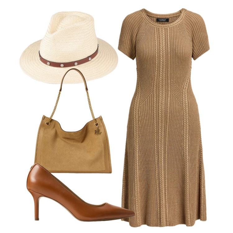 Outfit donna - Pomeriggio. Stile Chic per Tutti i giorni. Abbinamento con cappelli, décolleté, vestiti, borse tote.