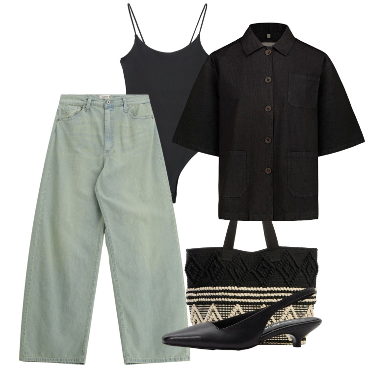 Outfit donna - Agosto. Stile Casual per Tutti i giorni. Abbinamento con décolleté, shopping bag, top, jeans, blazer.