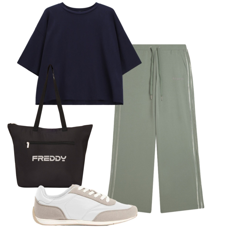 Outfit donna - Agosto sport. Stile Basic per Tutti i giorni. Abbinamento con sneakers, t-shirt, shopping bag, pantaloni.