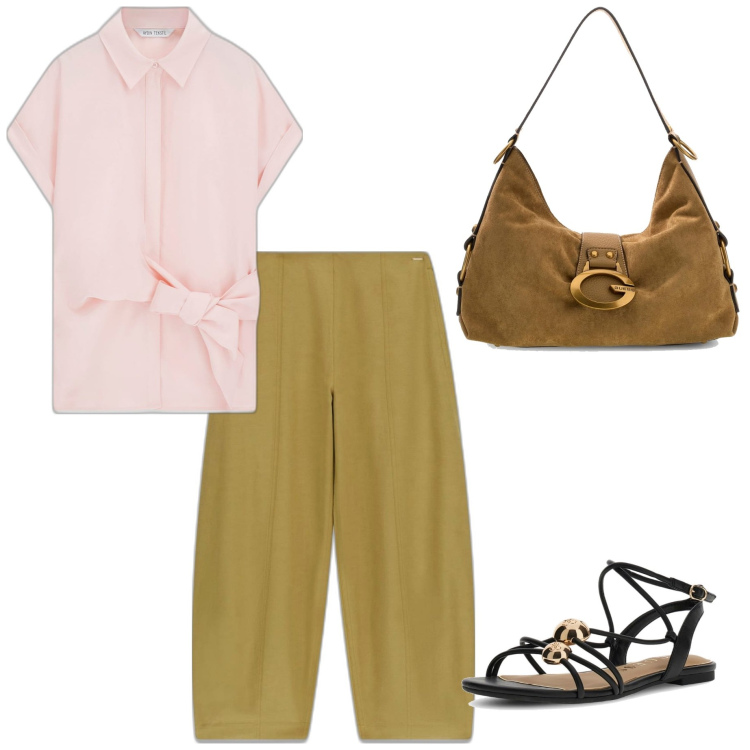 Outfit mujer - Casual #7695. Estilo Casual para Todos los días. Combinación con sandalias de piel, pantalones, camisas de manga corta, bolsos de hombro.