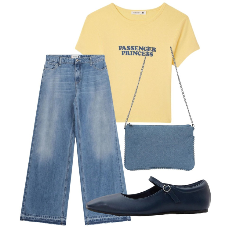 Outfit donna - Agosto. Stile Casual per Tutti i giorni. Abbinamento con ballerine, t-shirt, borse a tracolla, jeans.