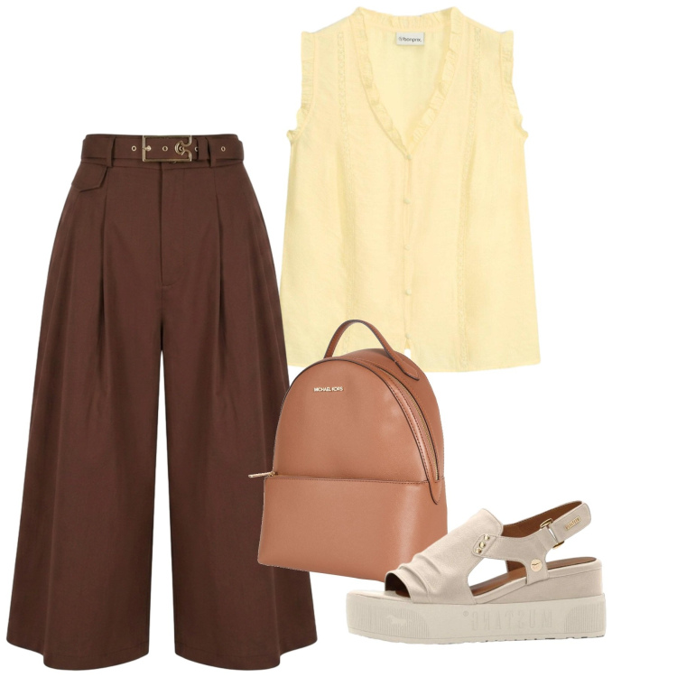 Outfit donna - Agosto. Stile Bon Ton per Tutti i giorni. Abbinamento con zaini, canottiere, sandali, pantaloni capri.
