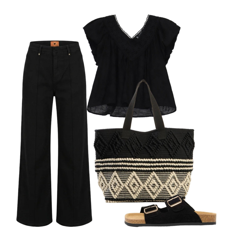 Outfit donna - Agosto. Stile Casual per Tutti i giorni. Abbinamento con ciabatte, shopping bag, bluse, pantaloni.