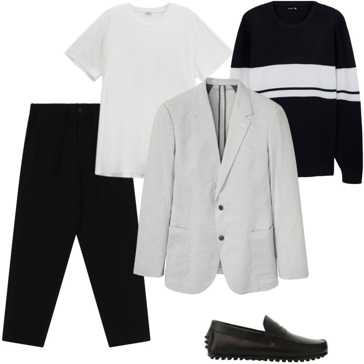 Outfit uomo - Smart minimalista-serate di fine estate. Stile Casual Abbinamento con giacche, t-shirt, pantaloni, scarpe stringate, maglieria.
