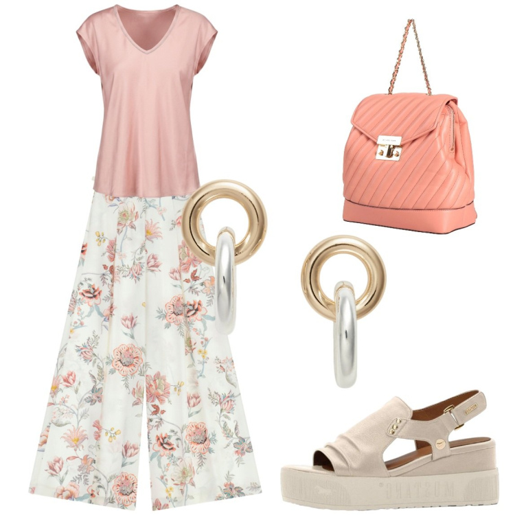 Outfit donna - Leggerezza. Stile Casual chic per Tutti i giorni. Abbinamento con pantaloni a palazzo, orecchini, t-shirt, zaini, sandali.