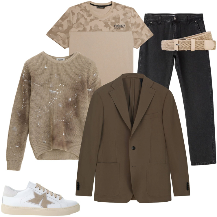 Outfit uomo - Tutto il giorno e fino a sera. Stile Trendy per Tutti i giorni. Abbinamento con cinture, maglieria, sneakers, jeans dritti, giacche, t-shirt.