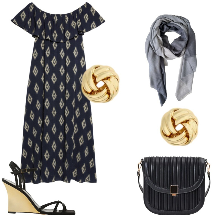 Outfit donna - Serata estiva. Stile Chic per Serata fuori. Abbinamento con vestiti lunghi, foulard, orecchini, borse a tracolla, sandali col tacco.