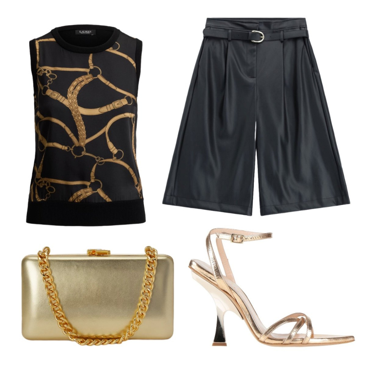 Outfit donna - Clutch dorata. Stile Chic per Serata fuori. Abbinamento con sandali in pelle, bermuda, clutch, maglieria.
