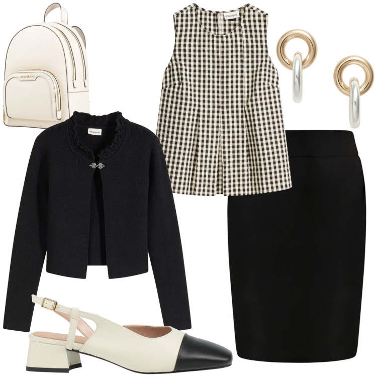 Outfit donna - Black and white. Stile Chic per Tutti i giorni. Abbinamento con zaini, décolleté, cardigans, canottiere, gonne, orecchini.