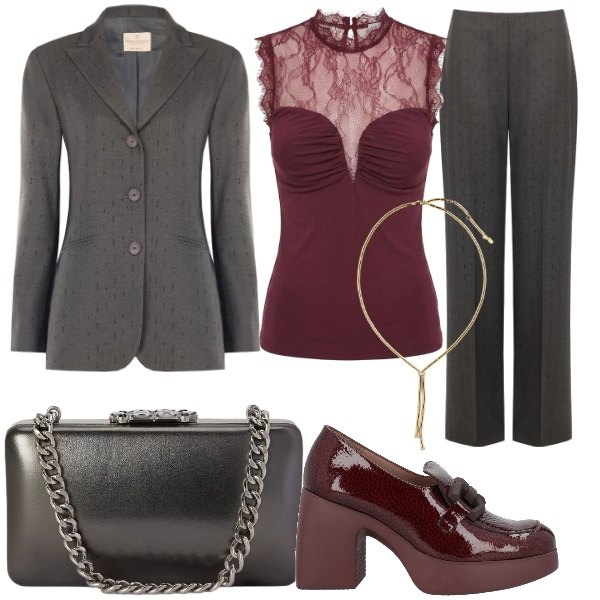 Outfit donna - L\'ordine perfetto della Vergine. Stile Glamour per Tutti i giorni. Abbinamento con mocassini, blazer, top, pantaloni, collane, clutch.
