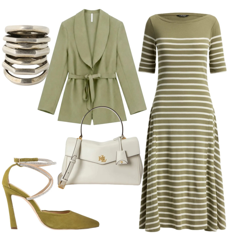 Outfit donna - Più occasioni. Stile Casual chic per Tutti i giorni. Abbinamento con décolleté, blazer, vestiti midi/longuette, borse a mano, anelli.