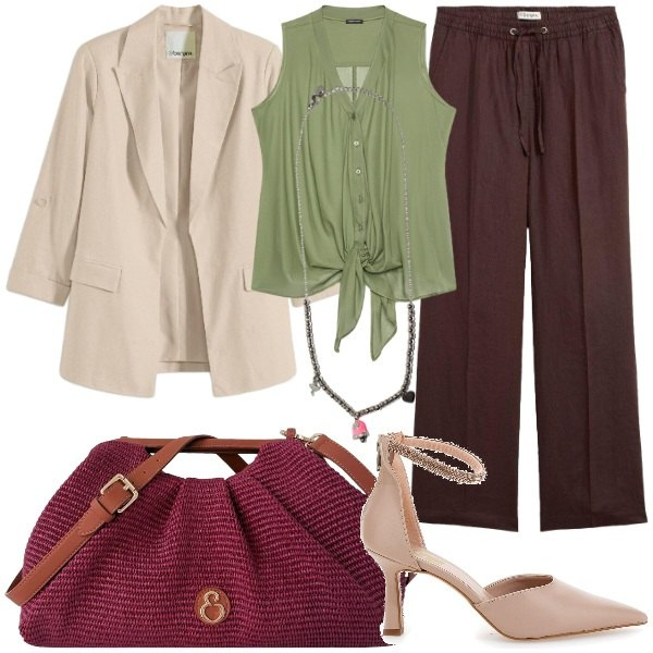 Outfit donna - La Vergine un outfit per agosto. Stile Glamour per Tutti i giorni. Abbinamento con pantaloni, blazer, ciondoli, top, clutch, décolleté.