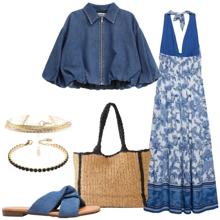 Outfit donna - La fantasia di tendenza. Stile Trendy per Tutti i giorni. Abbinamento con shopping bag, ciabatte, vestiti lunghi, blazer, braccialetti, braccialetti.