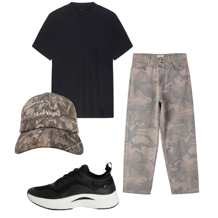 Outfit uomo - Total look #2458911. Stile Trendy per Tutti i giorni. Abbinamento con cappelli con visiera, pantaloni, t-shirt, sneakers.