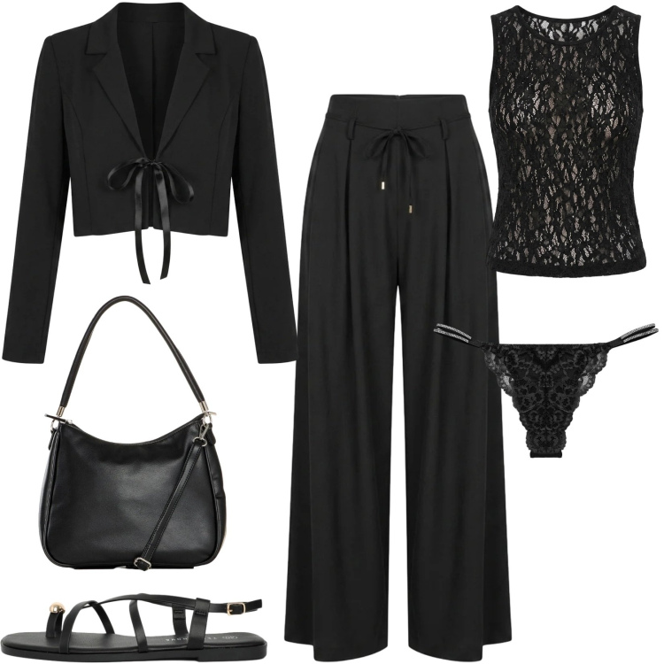 Outfit donna - Per le serate di agosto. Stile Romantica per Serata fuori. Abbinamento con borse a mano, perizomi, sandali, top, pantaloni a palazzo, bolero.