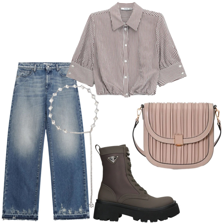 Outfit donna - Camicia a righe. Stile Glamour per Tutti i giorni. Abbinamento con stivaletti, cinture, borse a tracolla, camicie a manica corta, jeans.