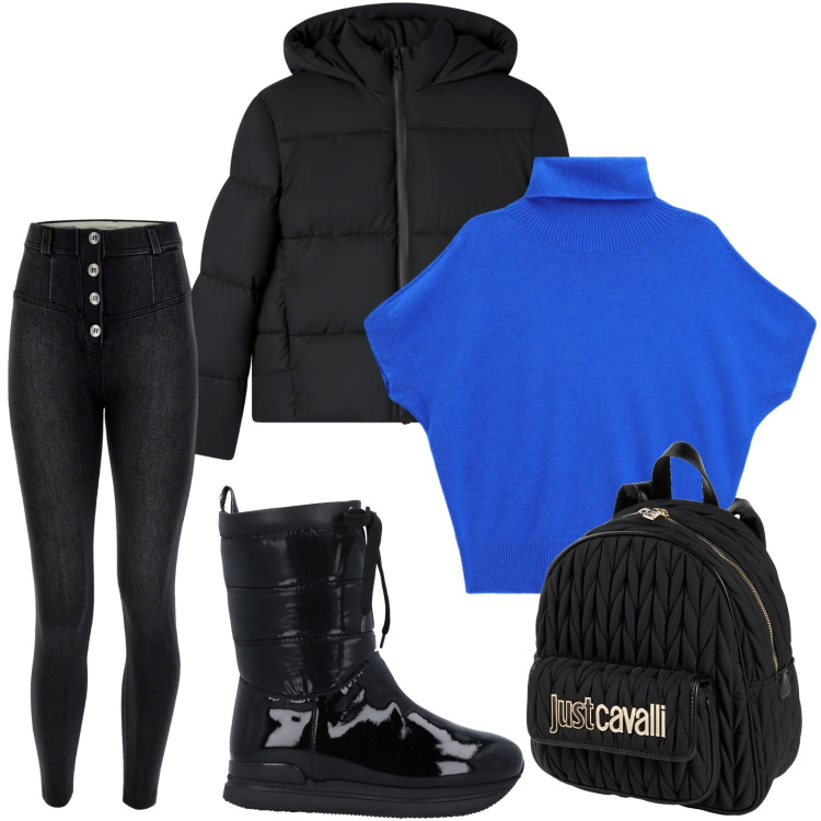 Outfit donna - Touch bluette. Stile Basic per Scuola/Università. Abbinamento con stivaletti, zaini, pullovers, bomber, jeans skinny.