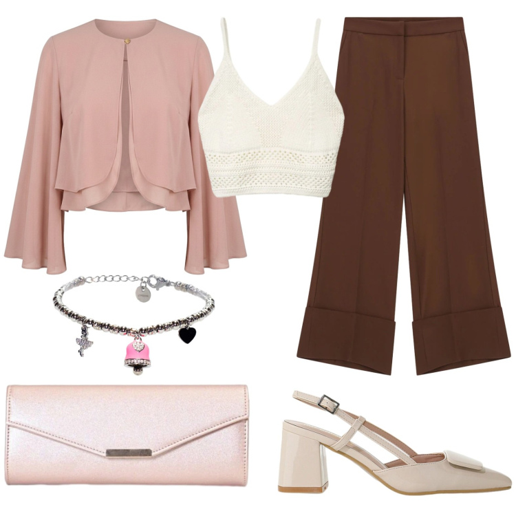 Outfit donna - Aperitivo dopo l\'ufficio. Stile Casual chic per Serata fuori. Abbinamento con pantaloni a palazzo, décolleté, top, clutch, braccialetti, blazer.
