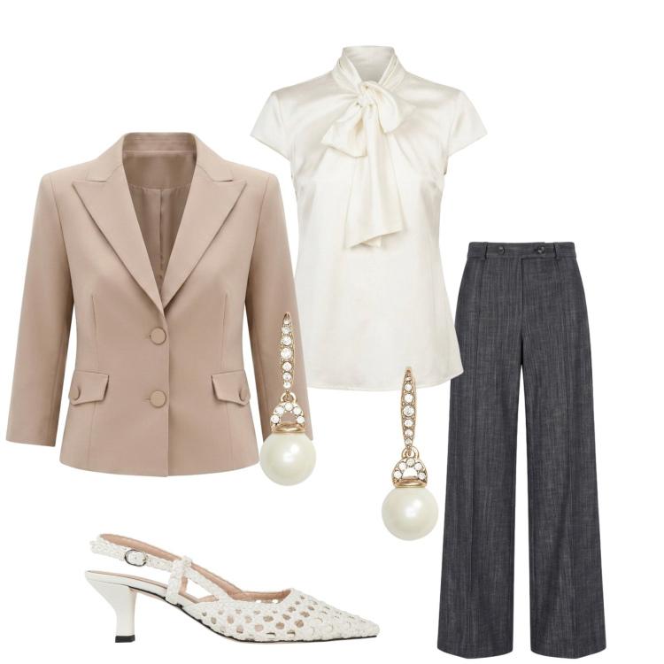 Outfit donna - Jeans chic. Stile Glamour per Ufficio. Abbinamento con décolleté, blazer, camicie, pantaloni, orecchini.