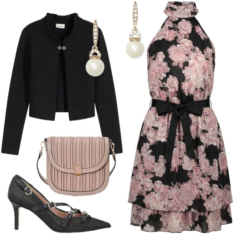 Outfit donna - Romantica da cerimonia. Stile Chic per Cerimonia. Abbinamento con décolleté, cardigans, borse a tracolla, vestiti corti, orecchini.