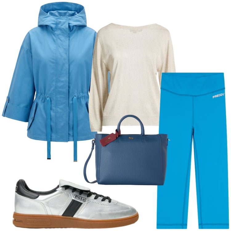 Outfit donna - Total look #2458947. Stile Casual per Tutti i giorni. Abbinamento con pullovers, caban, borse a mano, leggings, sneakers.