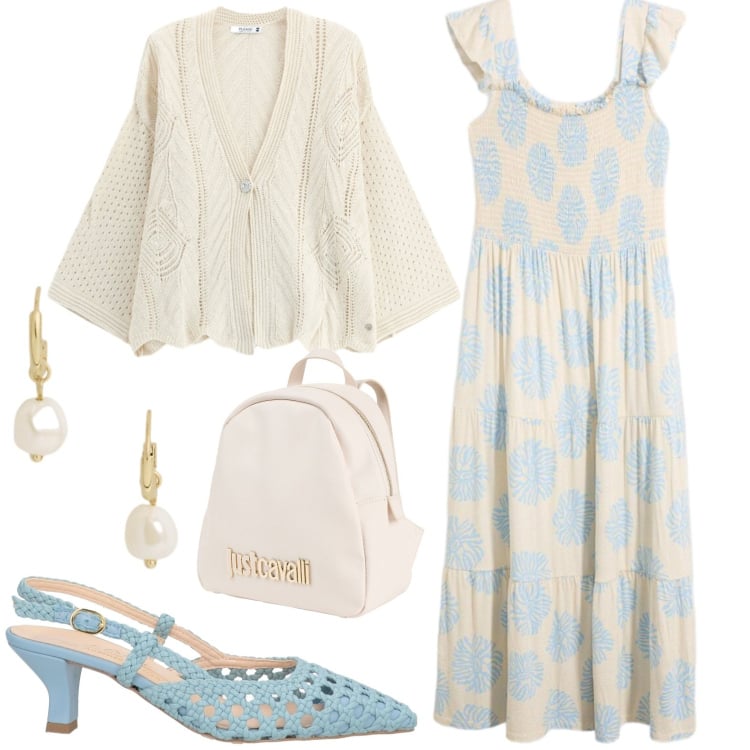 Outfit donna - Fine estate. Stile Casual chic per Tutti i giorni. Abbinamento con décolleté, zaini, vestiti, cardigans, orecchini.
