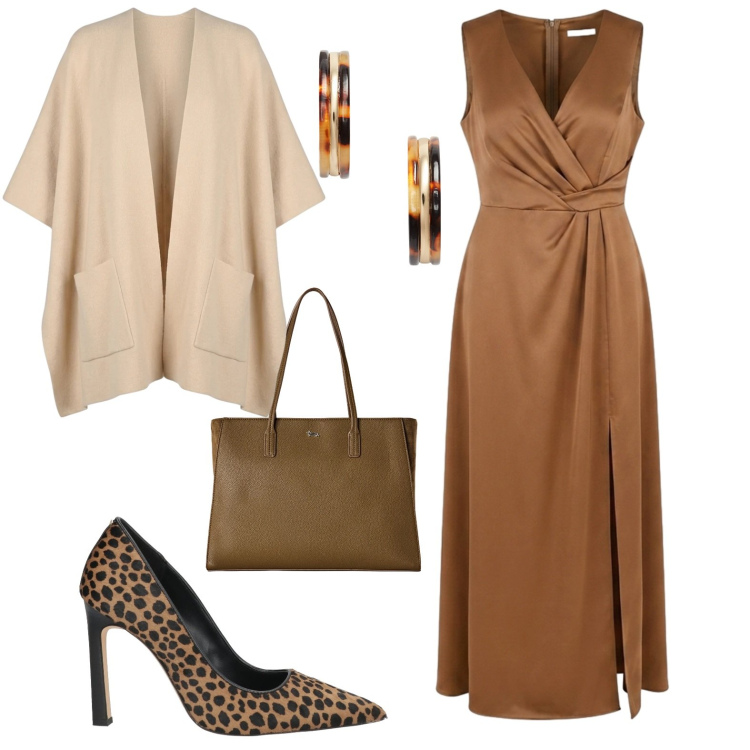 Outfit donna - Elegance. Stile Chic per Serata fuori. Abbinamento con décolleté, shopping bag, vestiti lunghi, cappe, orecchini.