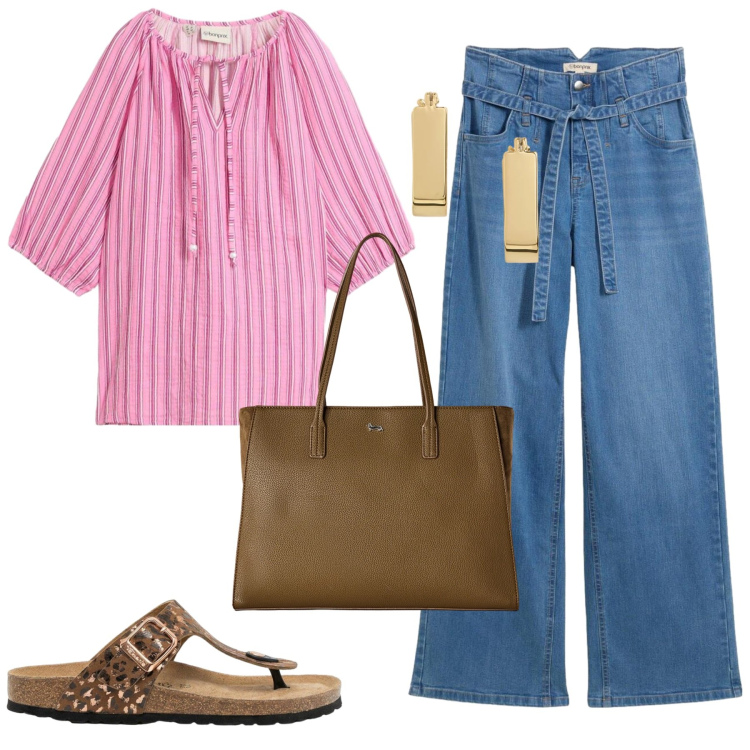 Outfit donna - Ancora qualche giorno d'estate. Stile Casual per Tutti i giorni. Abbinamento con shopping bag, orecchini, jeans, infradito, tuniche.